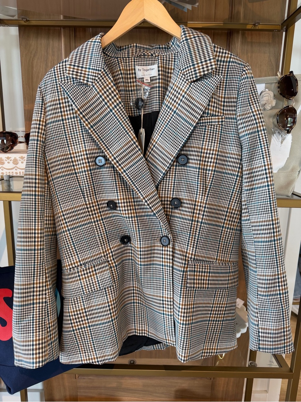 By Together Double-Breasted Glen Plaid Blazer in Brown and Black